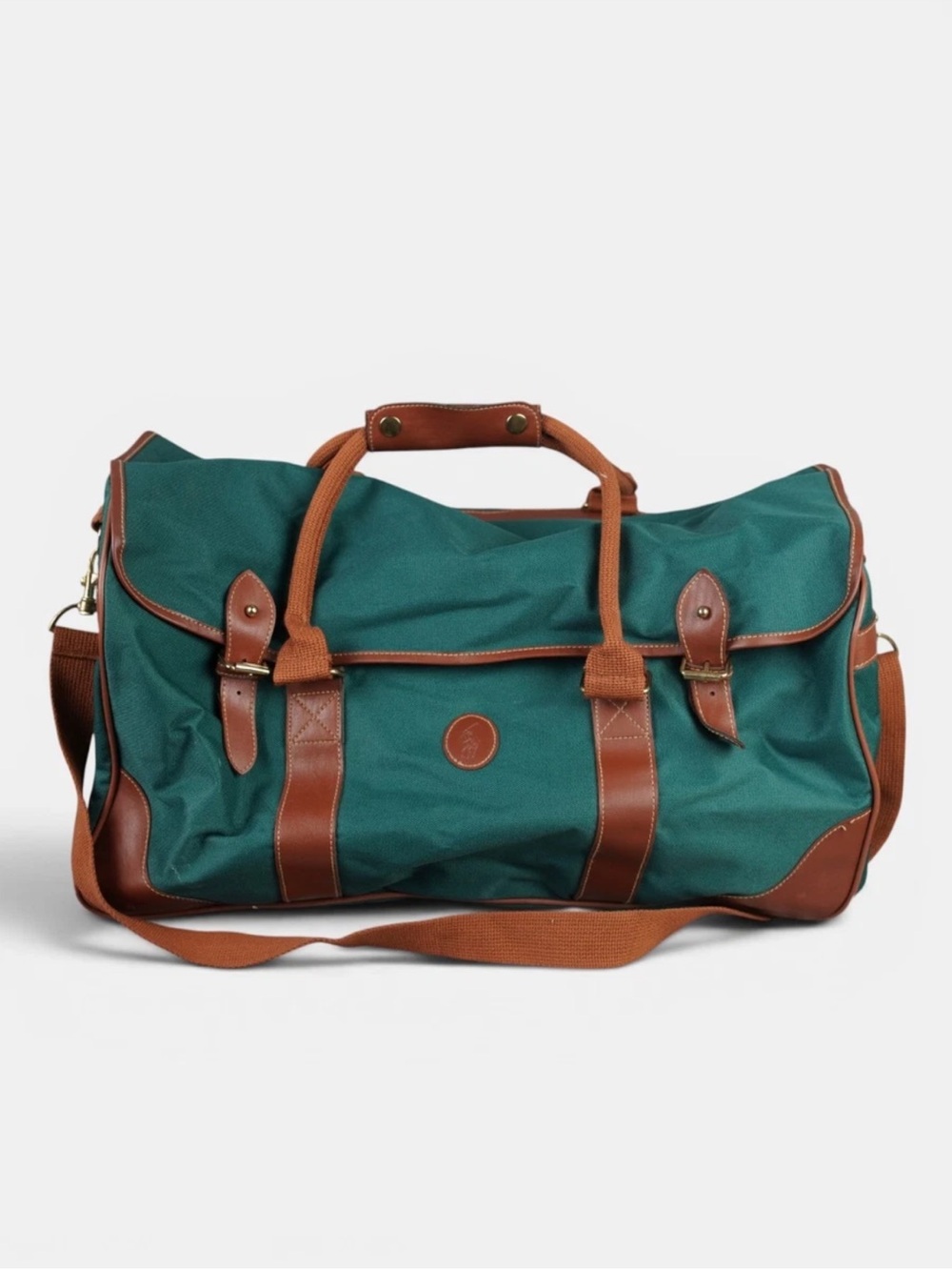 Vintage Polo Ralph Lauren Green Canvas Duffle Bag Top Flap W Buckle Closures EUC - Picture 1 of 15